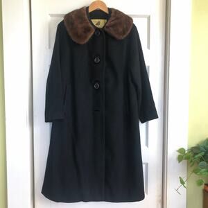 Rothmoor 1950s Wool Swing Coat Fur Mink Collar Black Union Made Mid Century XL